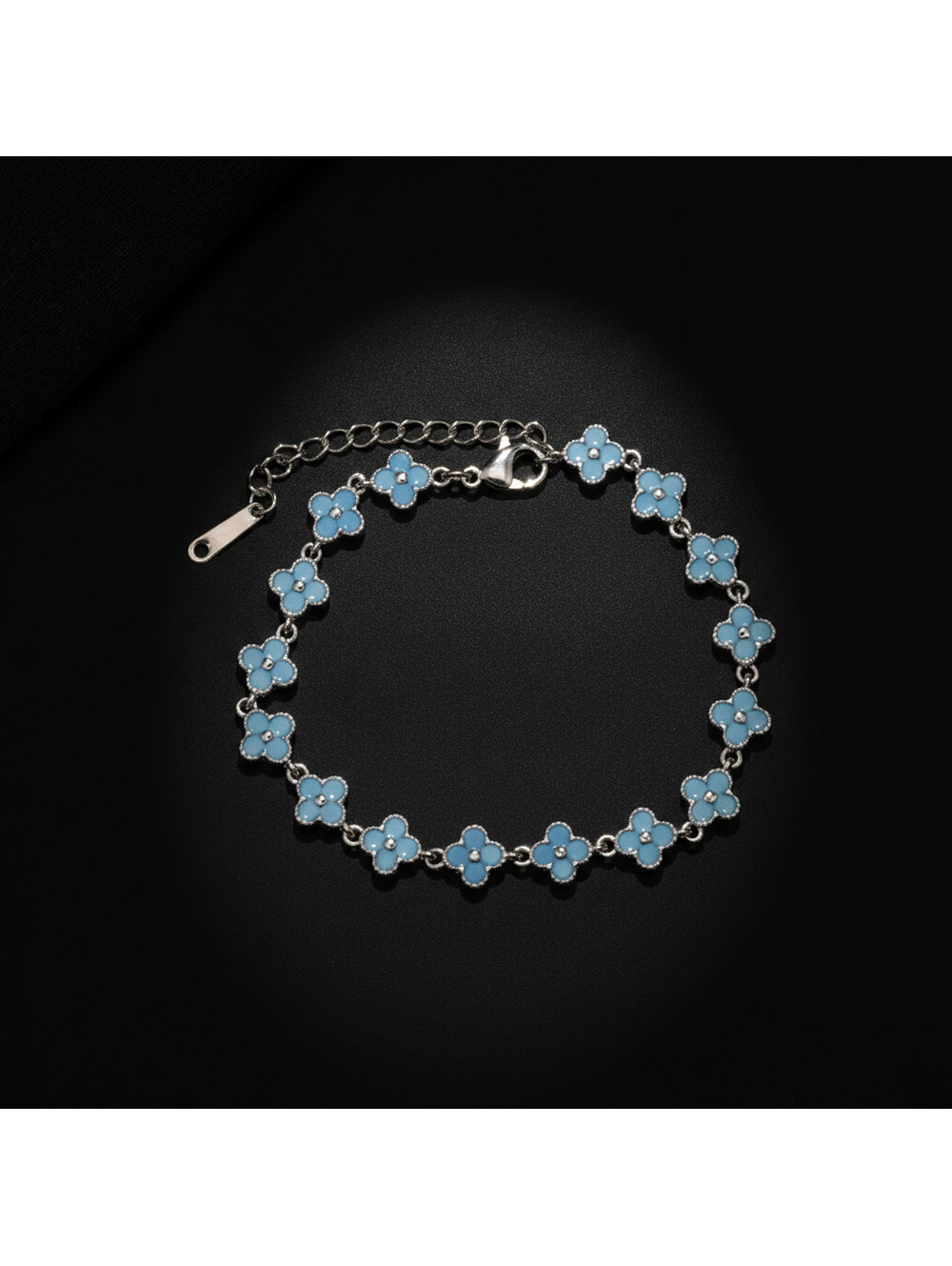 Turquoise Clover Floral Silver-Tone Bracelet with Extender